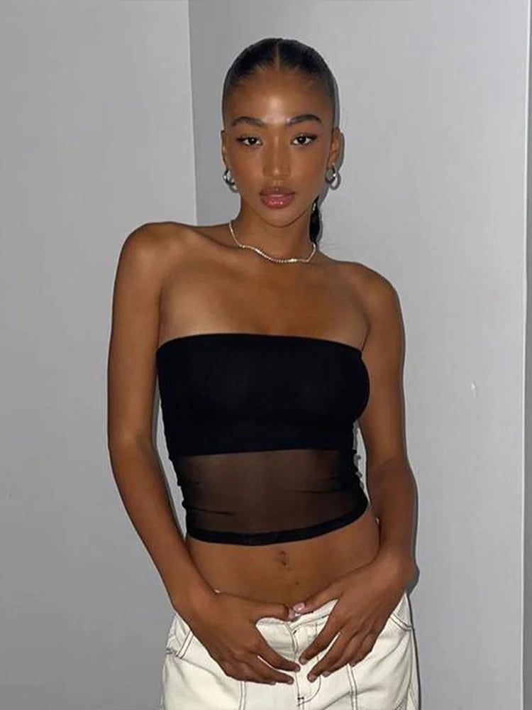 Black Mesh Corset Crop Top – Sexy Off-Shoulder Patchwork Cami for Women | Slim Strapless Tank