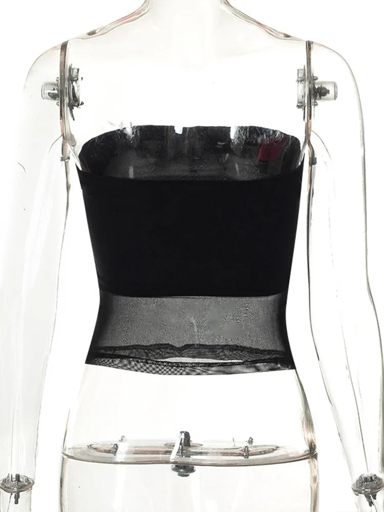 Black Mesh Corset Crop Top – Sexy Off-Shoulder Patchwork Cami for Women | Slim Strapless Tank