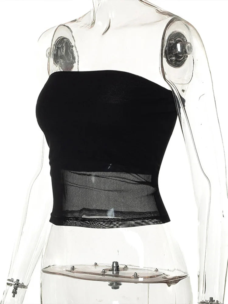 Black Mesh Corset Crop Top – Sexy Off-Shoulder Patchwork Cami for Women | Slim Strapless Tank